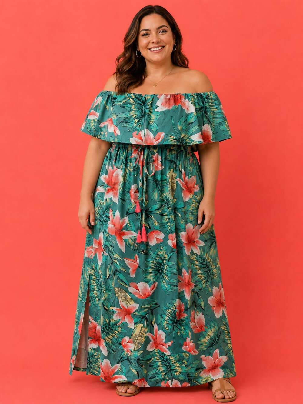 NXH Tropical Floral Print Off-the-Shoulder Flounce Maxi Dress